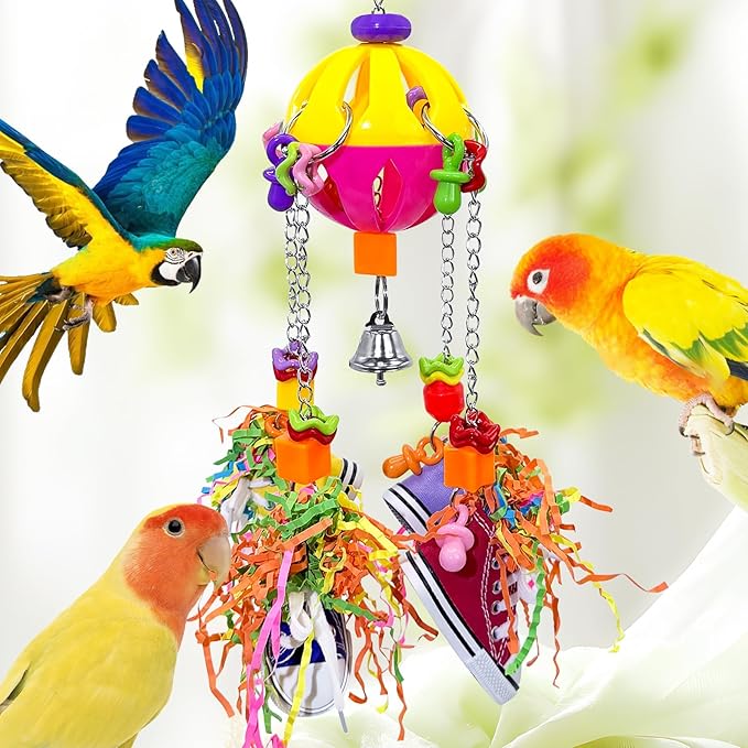 Bird Toys, Parrot Pullable Colorful Chew Sneakers Acrylic Stick Chew Toys for Amazons Mini Macaws African Greys Cockatoos Conures,Cockatiels, Lovebirds，Parrotlet，Eclectus (Pink and Yellow)