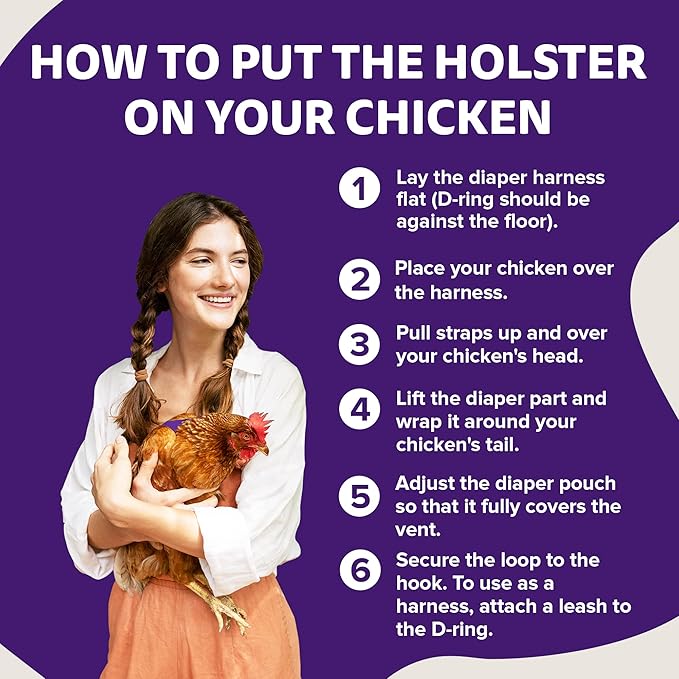 Hen Holster Wrap-Around Bird Diaper & Harness for Hens, Roosters, Ducks, Geese - with Removable Vinyl Liner, Adjustable Fit for Outdoor Adventures & Indoor Use - Easy to wear - Large, Purple