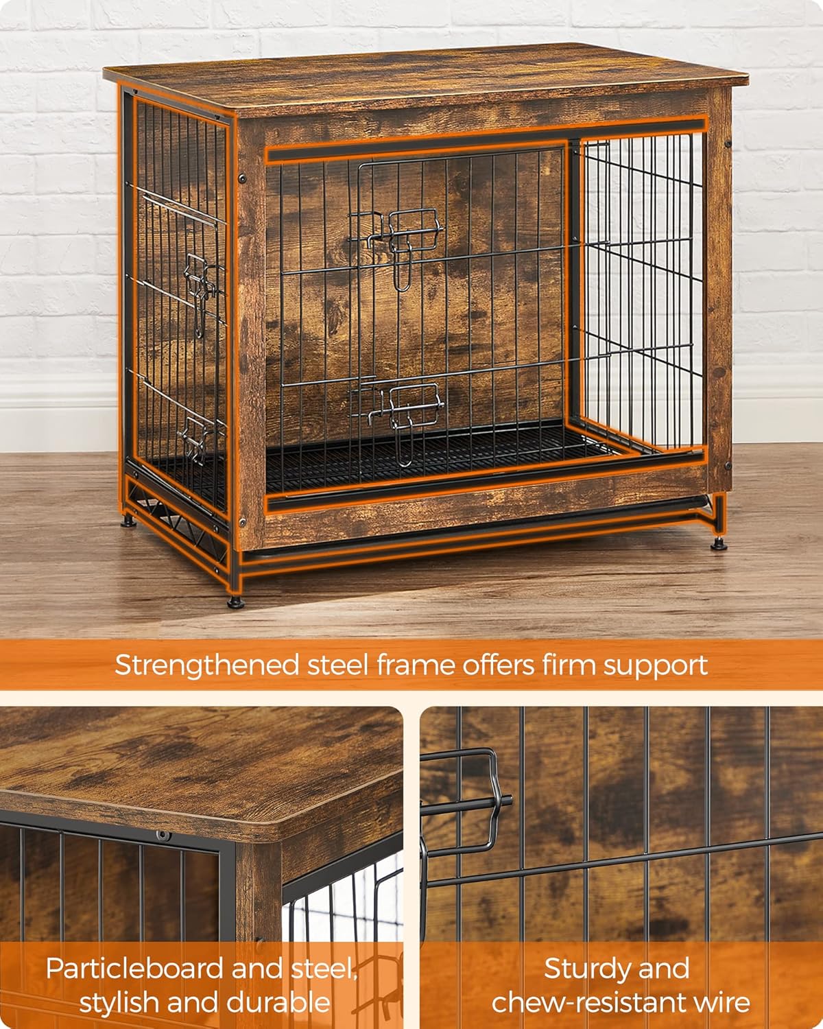 Feandrea Dog Crate Furniture, 27.2" Side End Table, Modern Kennel for Dogs Indoor up to 30 lb, Heavy-Duty Dog Cage with Multi-Purpose Removable Tray, Double-Door Dog House, Rustic Brown UPFC001X01