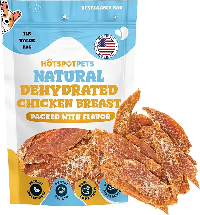 hotspot pets Dehydrated Chicken Breast Tenders- USA Chicken Breast -1lb Reasealable Bag, All-Natural, Made in USA - High Protein, Low Fat, Raw Dehydrated Chicken Breast Fillets Dog Treats