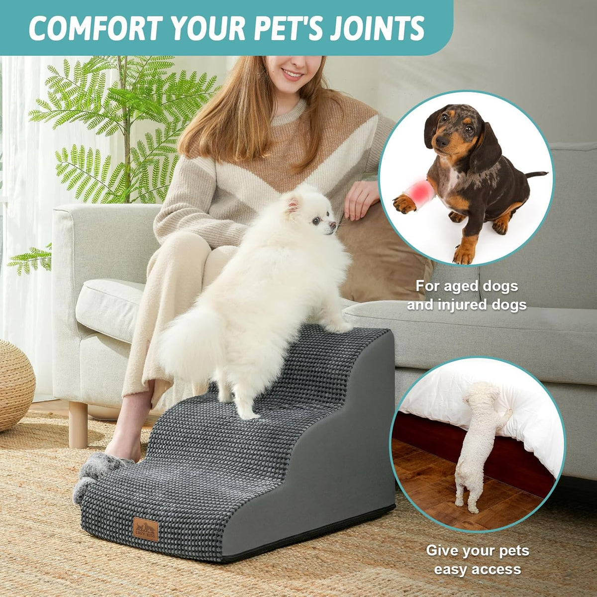 Dog Stairs for Small Dogs 15.7" H, Curved Dog Step for Puppy, Older Cat, Medium Pet Ramp for Sofa, Couch or Chair, Ladder with High Density Foam, 15.7x22.4x15.7 inch, 3 Step, Dark Grey
