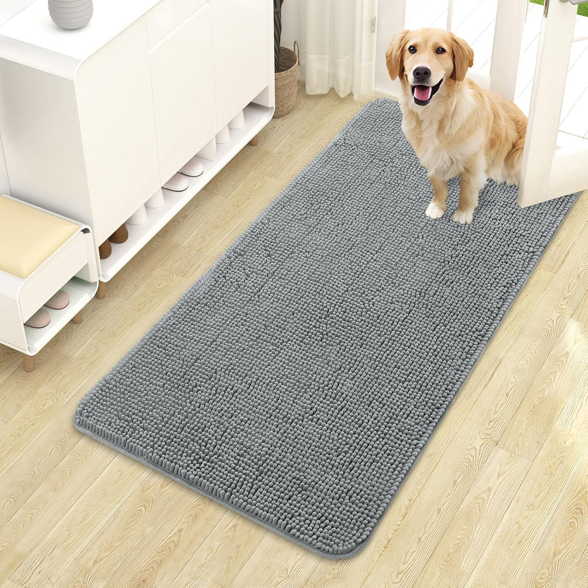 OLANLY Dog Door Mat for Muddy Paws 44x24, Absorbs Moisture and Dirt, Absorbent Non-Slip Washable Doormat, Quick Dry Chenille Mud Mat for Dogs, Entry Indoor Entryway Carpet for Inside Floor, Grey