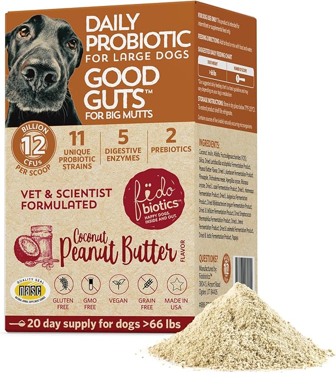 Fidobiotics Good Guts for Big Mutts Probiotic for Dogs, 12 Billion CFUs, 11 Strains, 5 Digestive Enzymes, 2 Prebiotics, Digestive Gut Health for Dogs, Adult & Puppy Probiotics Supplements (20 Days)