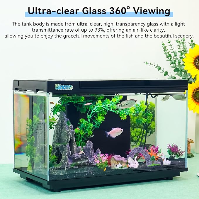 8 Gallon Aquarium Kit Featuring Real-Time Temp Display, Adjustable Flow Pump, Bottom Storage, Multi-Position Filter & 6 Light Modes - Complete Fish Tank Starter for Betta or Goldfish