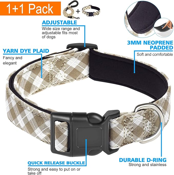 Reflective Dog Collar Padded with Soft Neoprene Breathable Adjustable Nylon Dog Collars for Small Medium Large Dogs (Small (Pack of 1), Vanilla Plaid Collar+Leash)
