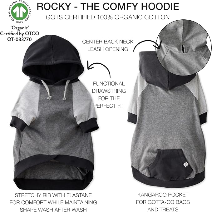 Rocky – The Orginal Lightweight Hooded TEE 100% Organic Cotton Dog Hoodie Pet Coat Sweater for Small, Medium, Large Dogs, Black Color Block, X-Small