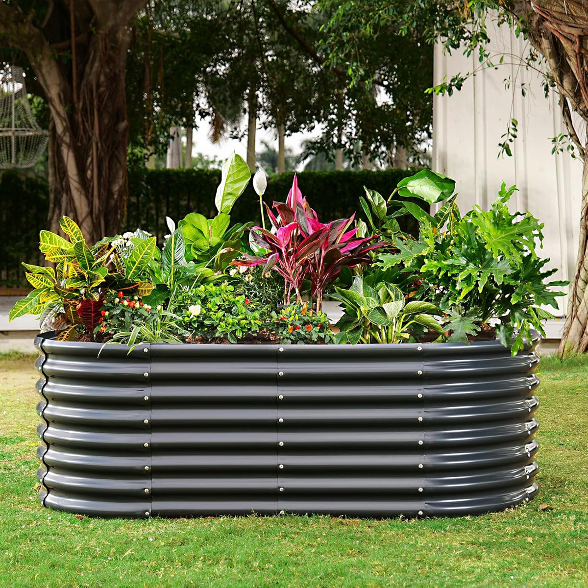 Land Guard Galvanized Raised Garden Bed, 8x4x2ft Planter Boxes Outdoor, Oval Larger Metal Planter Boxes for Vegetables, Fruits, Flowers (Grey)