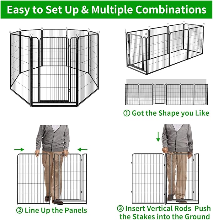 Dog Playpen Outdoor Extra Wide 8 Piece Panels Heavy Duty Dog Fence 47" Height Anti-Rust with Doors Portable for RV Camping Yard, Total 21FT, 35 Sq.ft, Snowy Black
