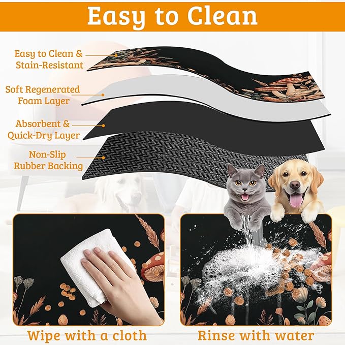 Vintage Mushroom Dog Food Mat,Leaf Absorbent Pet Feeding Mat for Food and Water Bowl,Quick Dry Dog Placemat Non Slip Rubber Backing Waterproof Pet Supplies 16" x 24"