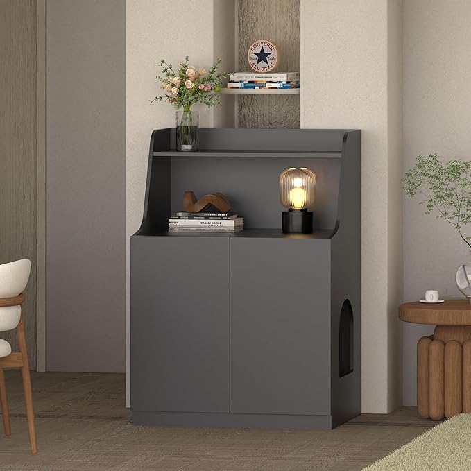 Large/Tall Litter Box Enclosure, Modern Wooden Litter Box Furniture for XL Litterbox with Open Shelf as Sideboard Cabinet (Black)
