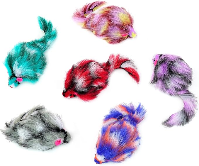 CHIWAVA 6PCS 3.1" Long Haired Furry Mice with Rattle Gradient Color Small Cat Toy Mouse Kitten Interactive Toy