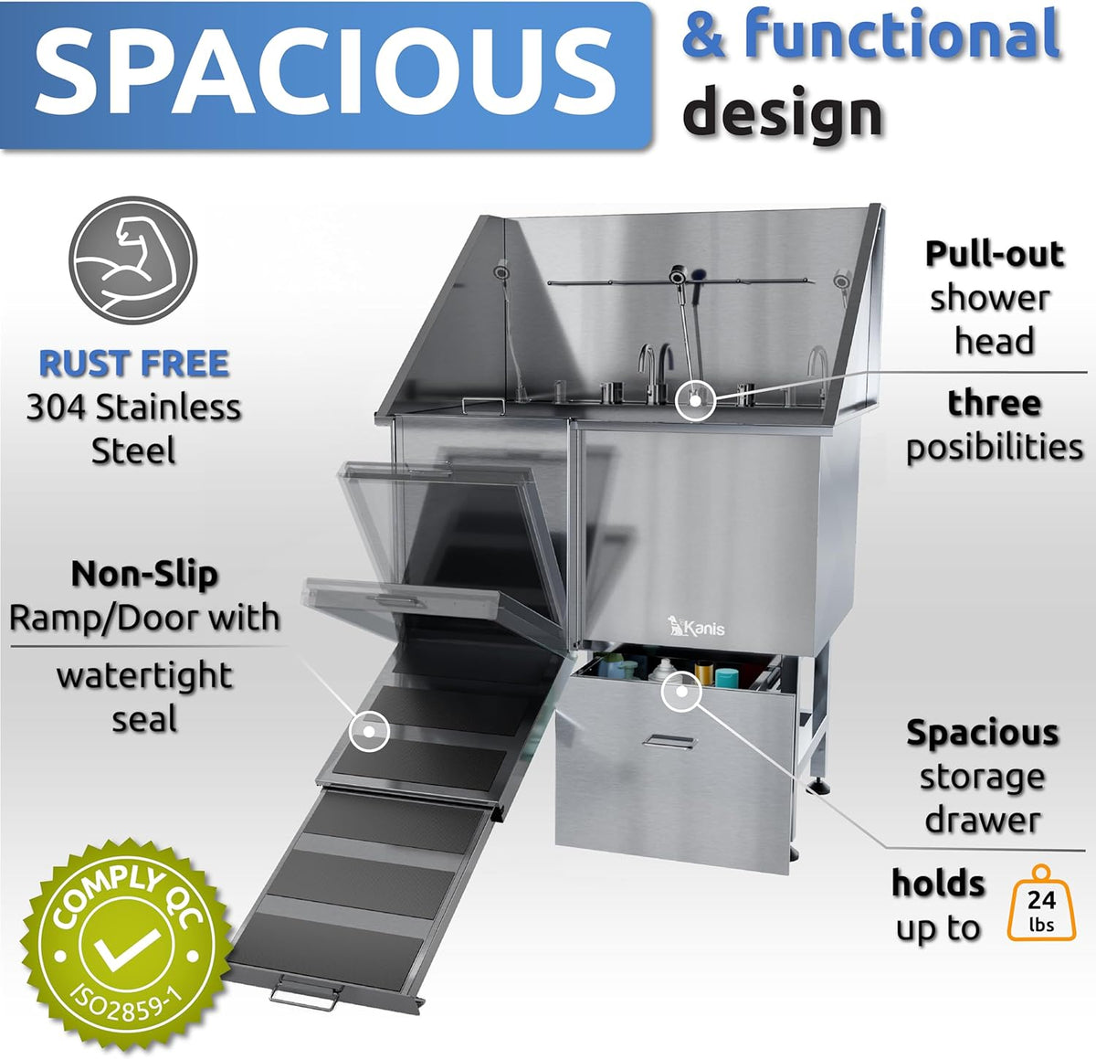 KANIS Professional Dog Washing Station - 304 Stainless Steel Pet Wash Sink & Grooming Bath Tub for Home with Ramp, Shower, Floor Grate, Storage Drawer, Faucet, Drain Kit for Large, Medium & Small Pets