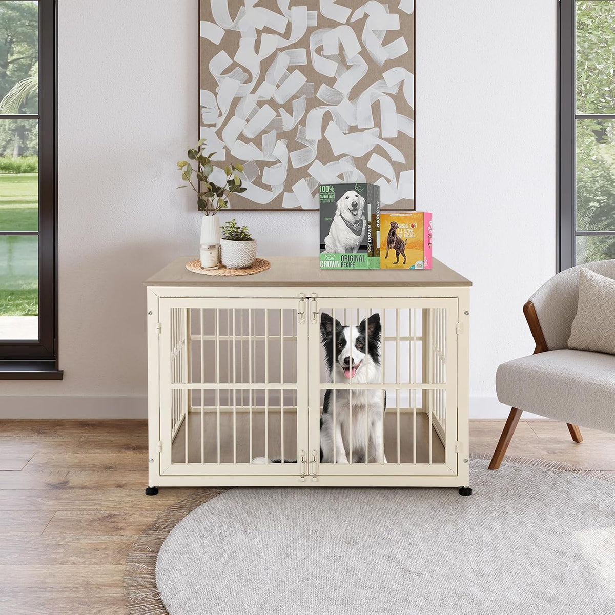 40 Inch Dog Crate Furniture for Large Medium Dogs, Wooden Heavy Duty Dog Kennel with Double Doors, Decorative Pet House Dog Cage Side End Table Indoor, Pet Cage Dog House, Beige