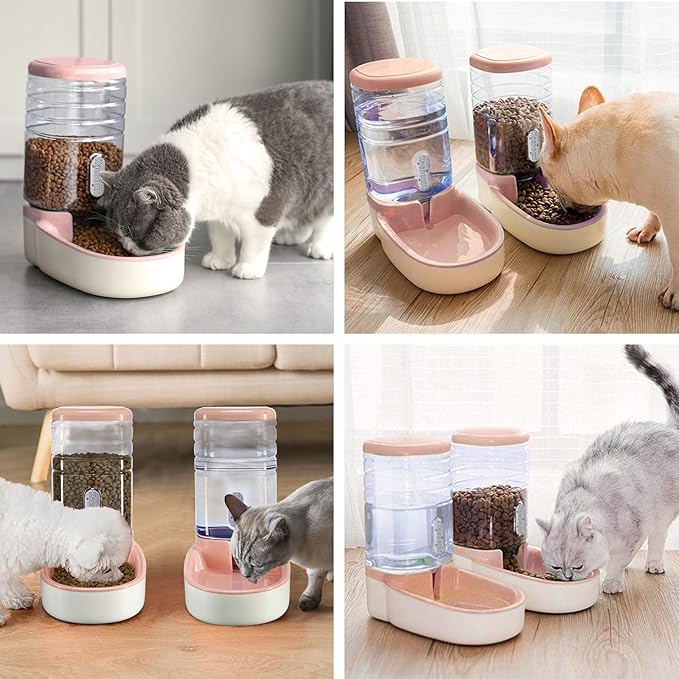 Automatic Dog Cat Feeder and Water Dispenser Gravity Food Feeder and Waterer Set with Pet Food Bowl for Small Medium Dog Puppy Kitten, Large Capacity 1 Gallon x 2(Pink)