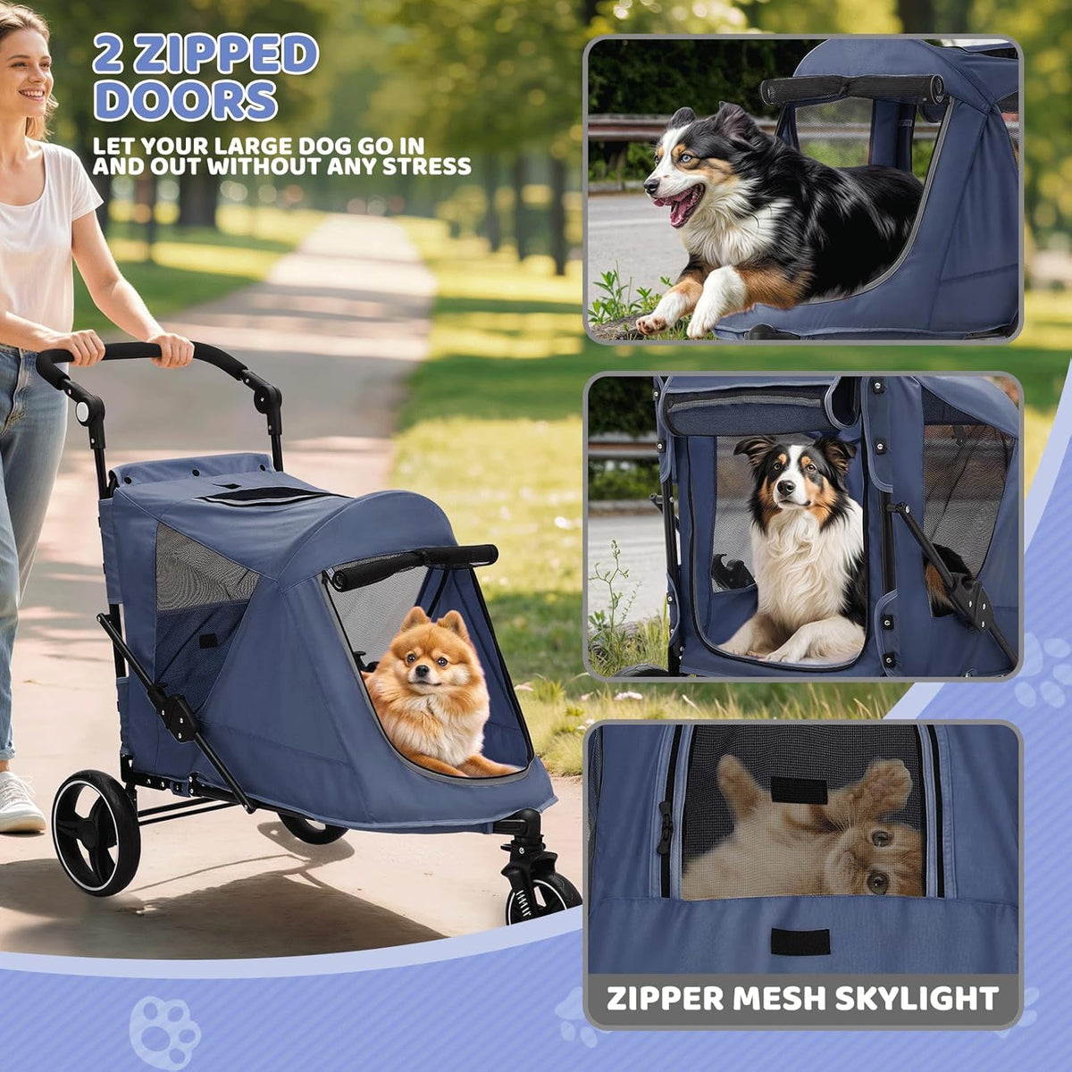 Magshion Pet Stroller for Medium Dogs w/Adjustable Handle, 3-Wheel Dog Cat Wagon w/Dual Entry, Rear Storage, Breathable Mesh, One-Foot Brake, Ideal for Large Pets up to 55 lbs, Navy Blue