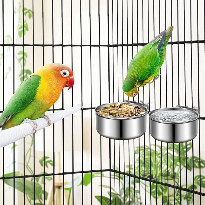 Small Dog Bowls, ShineMe 2 Pack Stainless Steel Pet Bowls Easily Affixes to Crate, Cage or Kennel - Non Spill Food & Water Bowls for Cat, Puppy, Birds, Guinea Pigs, Rabbit (4.7 x 2.1” & 3.9 x 1.9”)