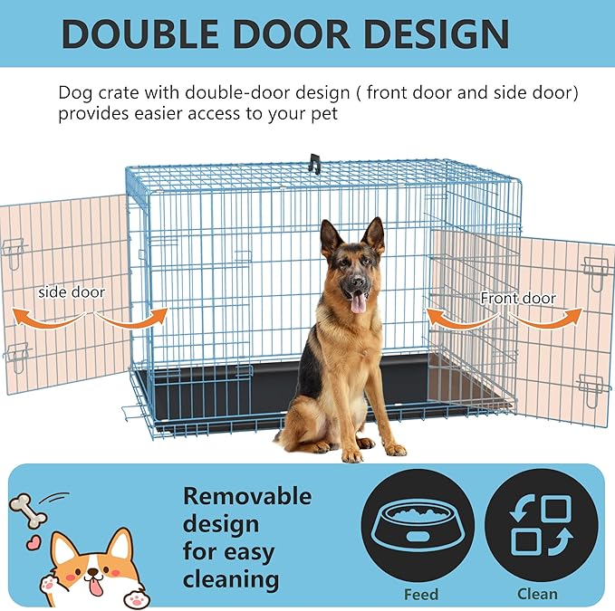 FDW Extra Large Dog Crate Dog Kennel Cage with Double Door,48 inch Folding Metal Wire Dog Cage with Removable Tray&Divider Panel,Pet Crate for Large Dogs,Blue