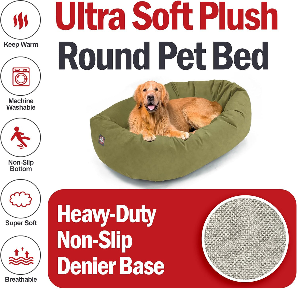Majestic Pet 40 Inch Suede Shredded Memory Foam Mix Calming Large Dog Bed Washable 40 x 29 x 9 (Inch) - Cozy Soft Round Donut Dog Bed with Spine for Head Support - Pet Bed Sage
