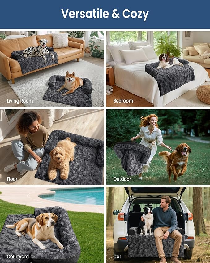 Calming Extra Large Dog Bed for Couch, 45 x 37 inch Removable Couch Cover for Dogs Washable, Non-Slip Fluffy Plush Dog Sofa Mat for Furniture Protector - Dark Grey