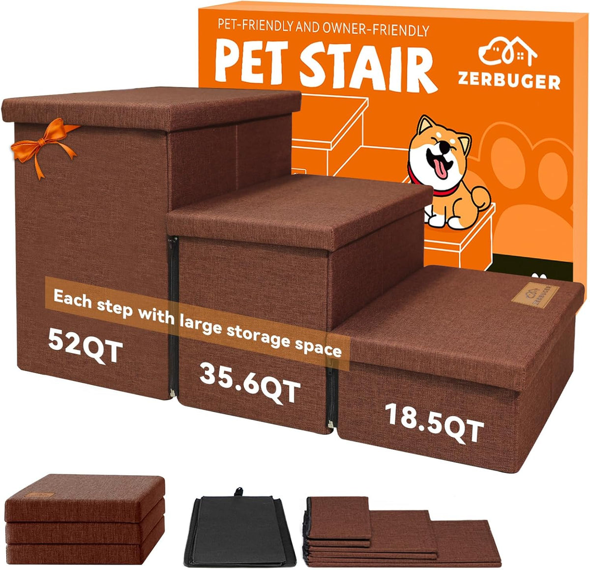 Dog Stairs with Storage 18" H, 3-Step Wider Dog Steps for Small/Medium/Large Old Dogs Cats, Folding Sturdy Pet Stairs Climbing Bed Couch, Ramp for Car Hold Up to 200 lbs (Brown, No Condo)