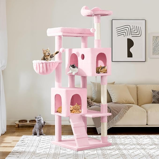 Allewie 64 Inches Cat Tree Tower/Multi-Level Activity Center for Indoor Big Felines/2 Plush Condos/2 Perchs/Basket/House/Sisal Scratching Posts/Hanging Cat Toys/Pink