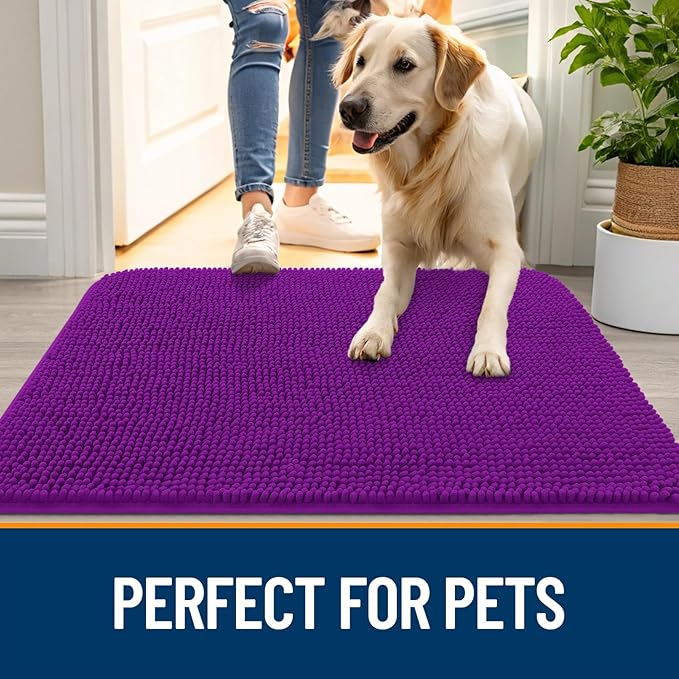 OLANLY Dog Door Mat for Muddy Paws 44x32, Absorbs Moisture and Dirt, Absorbent Non-Slip Washable Doormat, Quick Dry Chenille Mud Mat for Dogs, Entry Indoor Entryway Carpet for Inside Floor, Purple