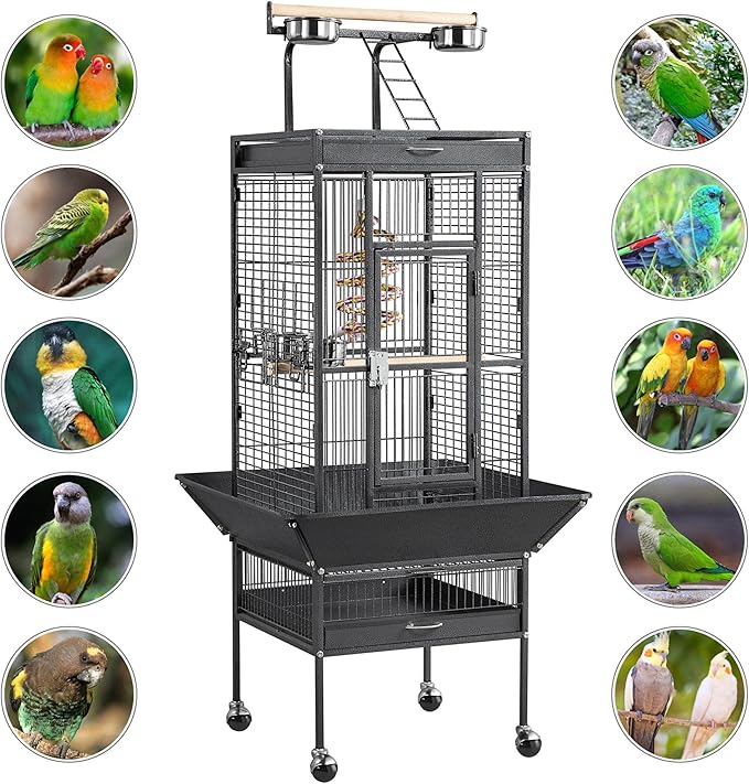 Yaheetech 61-inch Playtop Wrought Iron Large Parrot Bird Cages with Rolling Stand for Cockatiels Amazon Parrot Quaker Conure Parakeet Lovebird Finch Canary Small Medium Parrot Cage Birdcage, Black