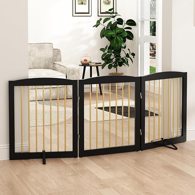 Freestanding Pet Gate for Dogs, Foldable Wooden Dog Gate for House, Indoor Dog Gate for Doorways, Stairs, Step Over Pet Puppy Safety Fence, Support Feet Included,24" Height 3 Panels,Black&Gold