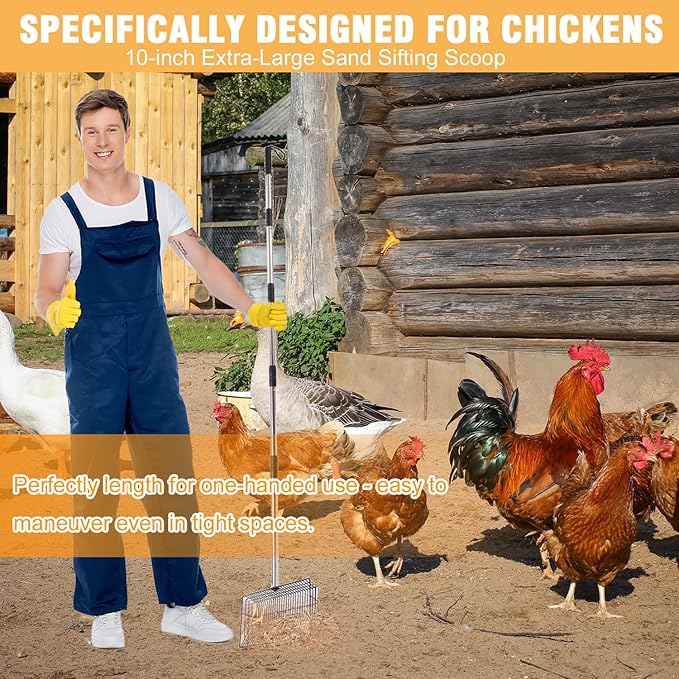 Chicken Poop Scooper 67 inch Adjustable Coop Scooper with 10 inch Metal Sieve for Fast Cleaning, Multi-Purpose Litter Tool for Chicken Coops, Barns & Pet Waste
