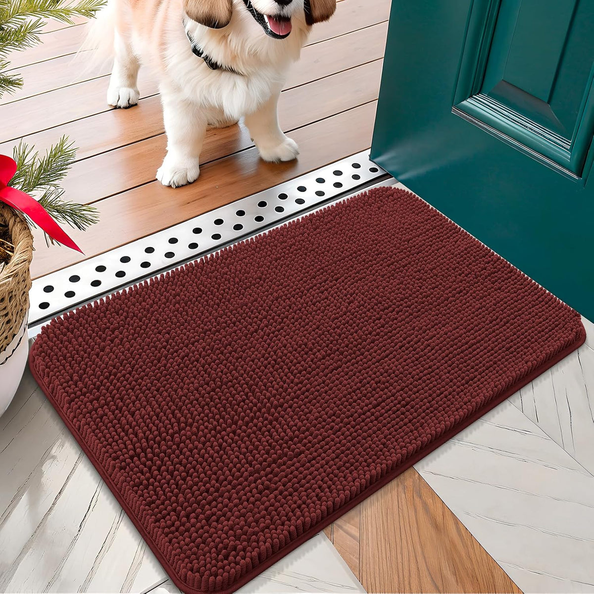 OLANLY Dog Door Mat for Muddy Paws 24x16, Absorbs Moisture and Dirt, Absorbent Non-Slip Washable Doormat, Quick Dry Chenille Mud Mat, Entry Indoor Entryway Carpet for Inside Floor, Caramel Russet
