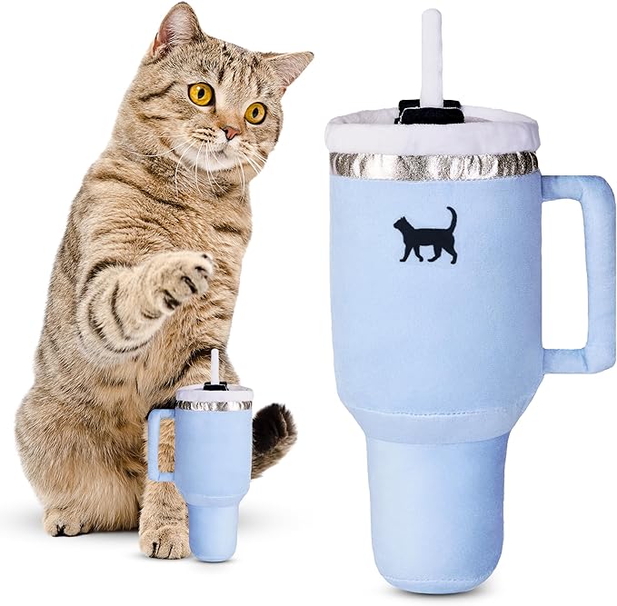 Kitty Cup Tumbler Cat Toy – Funny Cat Birthday Gifts with Catnip & Crinkle Paper, Cute Girl Kitten Toys (Chambray Blue)