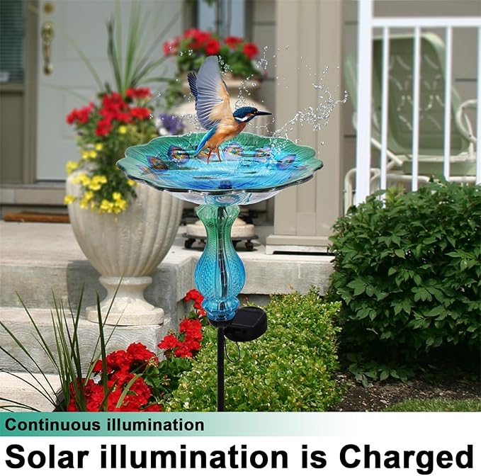 Blue Peacock Ground Stake Solar Bird Feeder for Outside,Bird Pond Outdoor Glass BirdBath with Metal Stake Garden Yard Outdoor, Garden Decoration Yard 32 inches