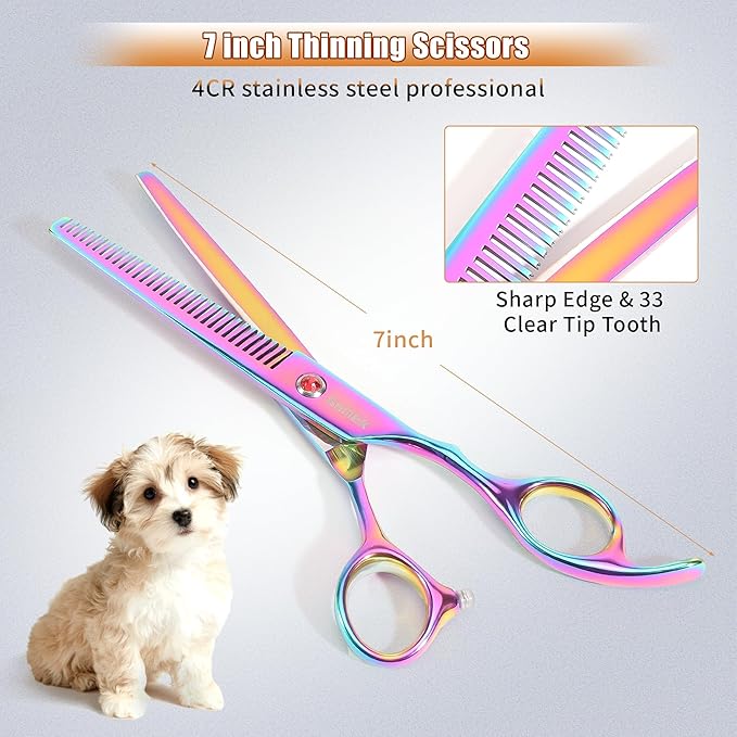 7.0in Titanium Professional Pet Grooming Scissors Set, GEMEK 6 in 1 Straight & Thinning & Upwards Curved & Downwards Curved Scissors & Comb for Dogs, Cats (Rainbow)