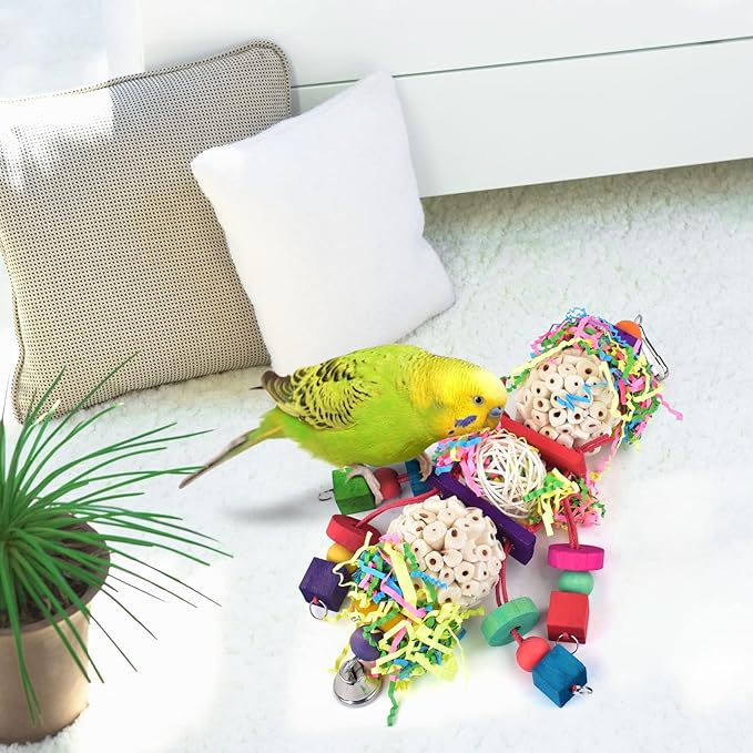 Bissap Conure Toys, Bird Parrot Foraging Shredder Hanging Toys Sola Balls Sepak Takraw with Bell for Small Parrots Parakeets Conures Cockatiels Love Birds Cage Toy