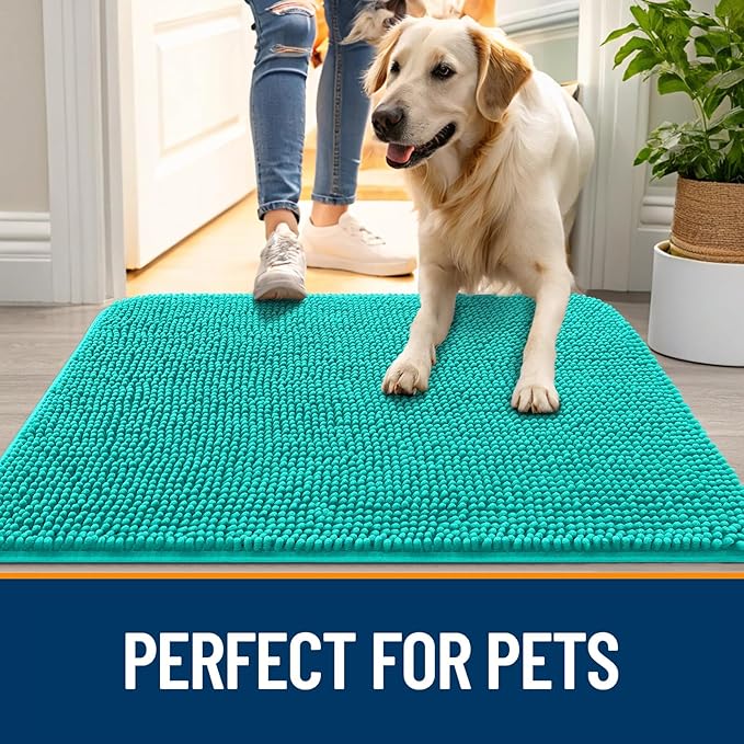 OLANLY Dog Door Mat for Muddy Paws 36x24, Absorbs Moisture and Dirt, Absorbent Non-Slip Washable Doormat, Quick Dry Chenille Mud Mat for Dogs, Entry Indoor Entryway Carpet for Inside Floor, Teal