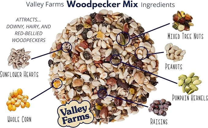 Valley Farms Woodpecker Mix, No Mess Bird Seed for Outdoor Feeders, W/Peanuts and Sunflower Hearts for Birds, Woodpecker Food, Attract All Bird Species (4 LBS)