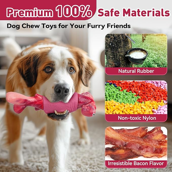 Dog Toys for Aggressive Chewers, Interactive Dog Chew Toy for Large Dogs, Indestructible Squeaky Toys to Keep Them Busy, Tough Toy for Medium/Large Breed Dogs Pink