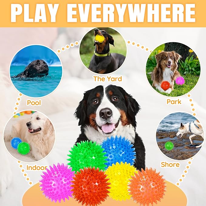 6-Pack 3.5” Squeaky Dog Balls, Durable Soft Spiky Chew Rubber Fetch Toy Balls for Large Medium Aggressive Chewers Teeth Cleaning Chewing Playing Training & Boredom Buster Indoors Outdoors