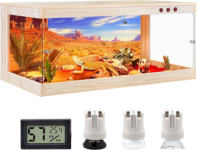 Royxen Tempered Glass Reptile Enclosure,Reptile Tank with Wooden Mesh Top and Lockable Design,79 Gallon Bearded Dragon Tank for Lizard Gecko Tortoise Snake Habitat,48" x 20" x 20",Oak
