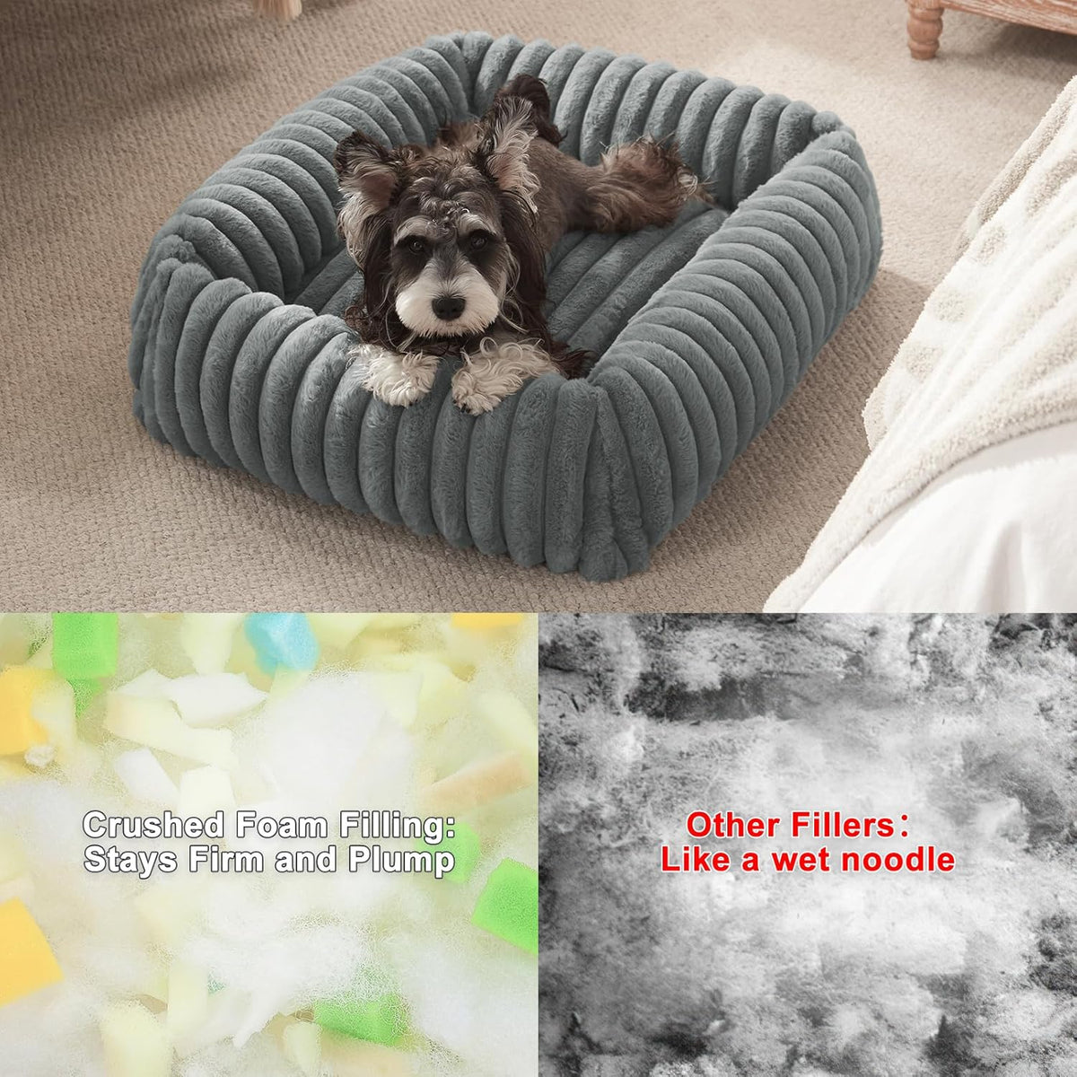 Dog Beds for Small Dogs, Washable Orthopedic Dog Bed with Removable Cover, Rectangle Soft Calming Sleeping Puppy Bed Durable Pet Cuddler with Anti-Slip Bottom, 20"x19"x6" Grey
