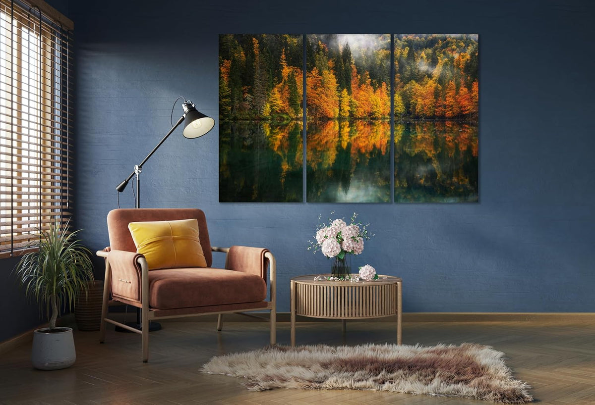 Nature Wall Art Prints - Ocean Forest Mountain Lake Canvas Landscapes - Small to Extra Large Living Room Bedroom Kitchen Bathroom Décor (Autumn by the Lake, 35L" x 53W" - 3 Panels)