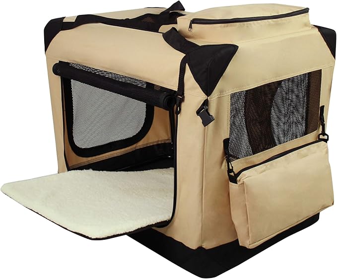 EliteField 3-Door Folding Soft Dog Crate with Carrying Bag and Fleece Bed (2 Year Warranty), Indoor & Outdoor Pet Home (42" L x 28" W x 32" H, Beige)