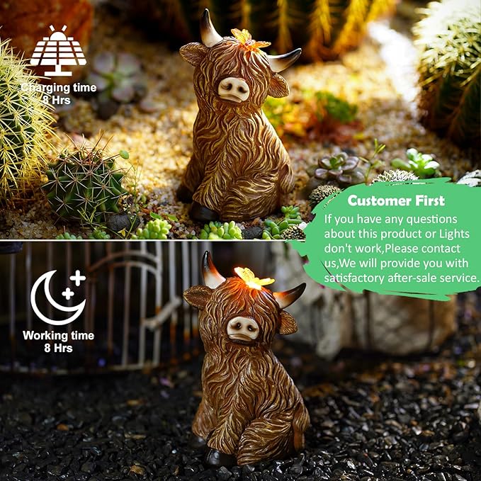 Solar Garden Statue Highland Cow Figurine – Outdoor Decoration with Butterfly for Garden Yard Lawn Home Decor Outside : Unique Gifts for Mom Grandma