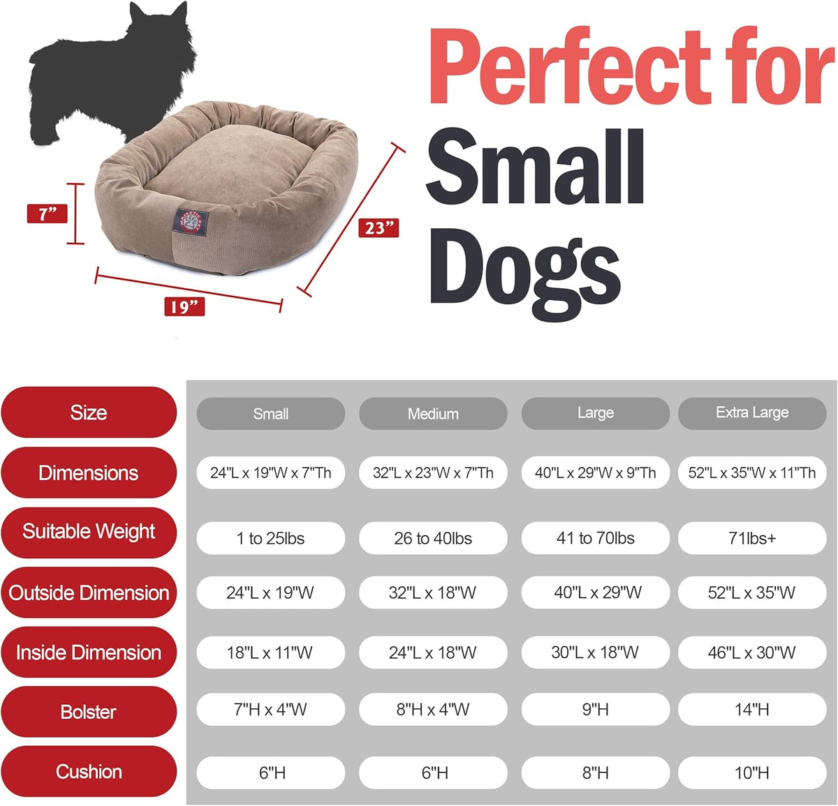 Majestic Pet Villa 24 Inch Shredded Memory Foam Dog Bed for Small Sized Dogs 24x19x7 Inch–Orthopedic Dog Bed - Durable Pet Bed - Washable Small Pet Bed with Head Support-Pearl