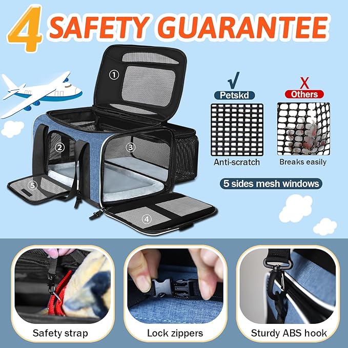 Petskd Top and Side Expandable Pet Carrier 17x11x9.5 Inches Alaska Airline Approved, Soft-Sided Carrier for Small Cats and Dogs with Locking Safety Zippers and Anti-Scratch Mesh(Blue)