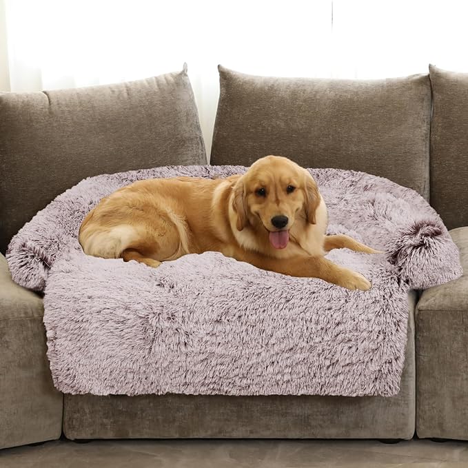 GGIB Calming Dog Bed Fluffy Plush Dog Mat for Furniture Protector with Removable Washable Cover for Large Medium Small Dogs and Cats (Extra Large (53x39.3x6), Rust White)