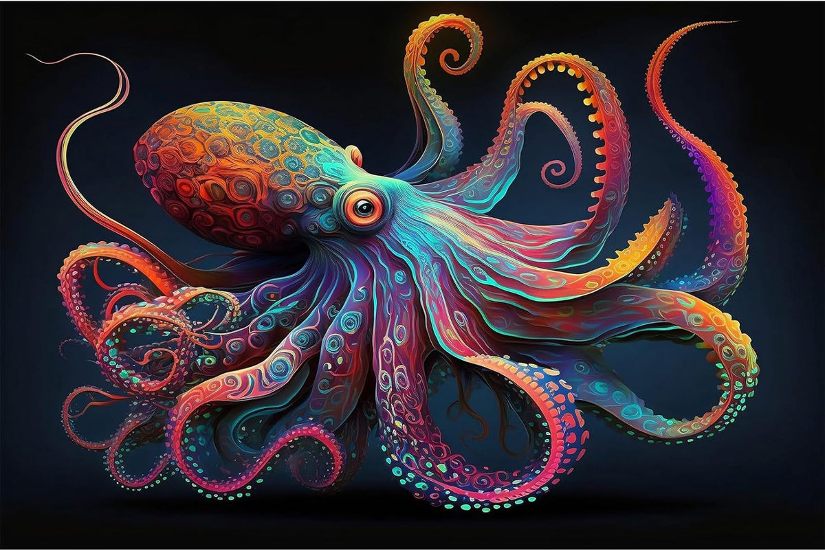 Exquisite Octopus Aquarium Background Abstract Colorful Octopus Terrarium Background Glowing Octopus on Black Background Fish Tank Backdrop Octopus Backdrops Poster Wallpaper Decors Vinyl 48x18in