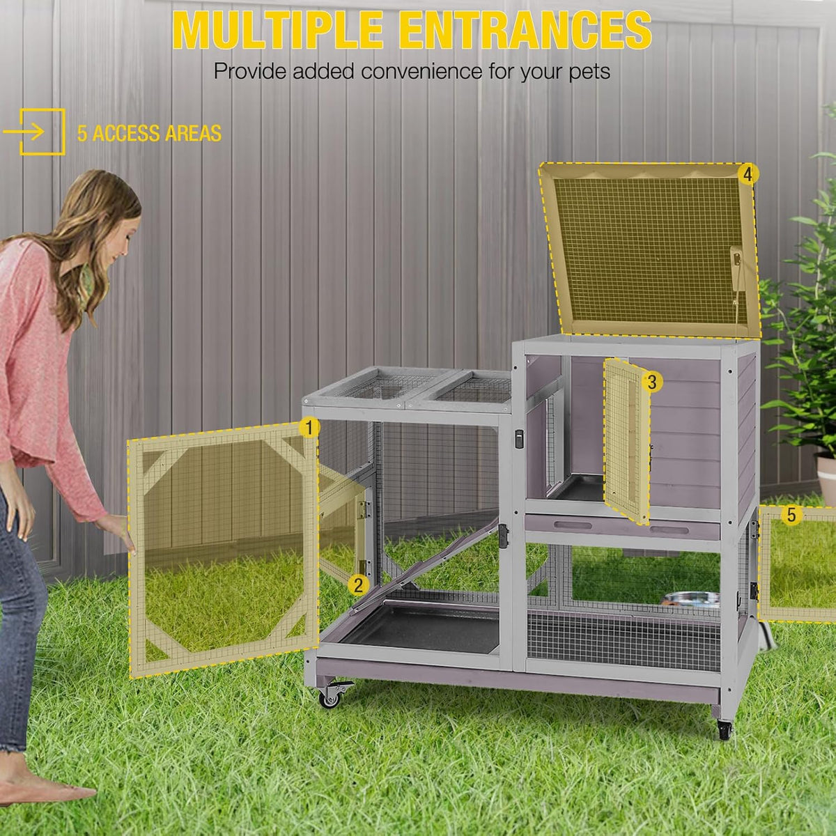 AIVITUVIN 2-Story Rabbit Hutch Indoor for 2-4 Rabbits & Guinea Pigs Wooden Small Animal Cage Guinea with Chew-Proof Design & Slide-Out Trays Bunny Cage with Lockable Wheels