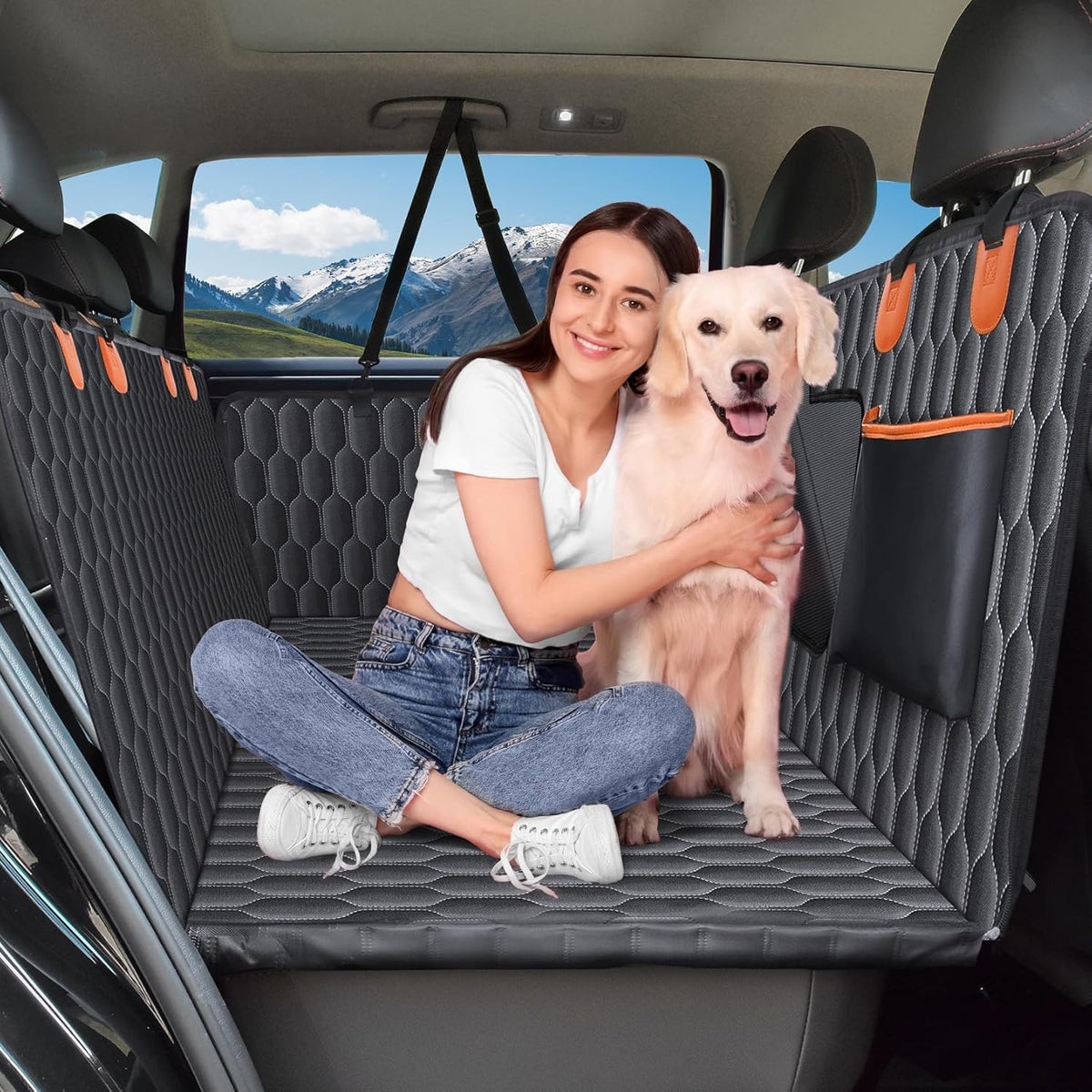 XL Back Seat Extender for Dogs-Supports 400lb,Waterproof Dog Car Seat Cover Hard Bottom-Detachable,600D Heavy Duty Scratch Proof Nonslip Soft,Dog Hammock for Car,SUVs