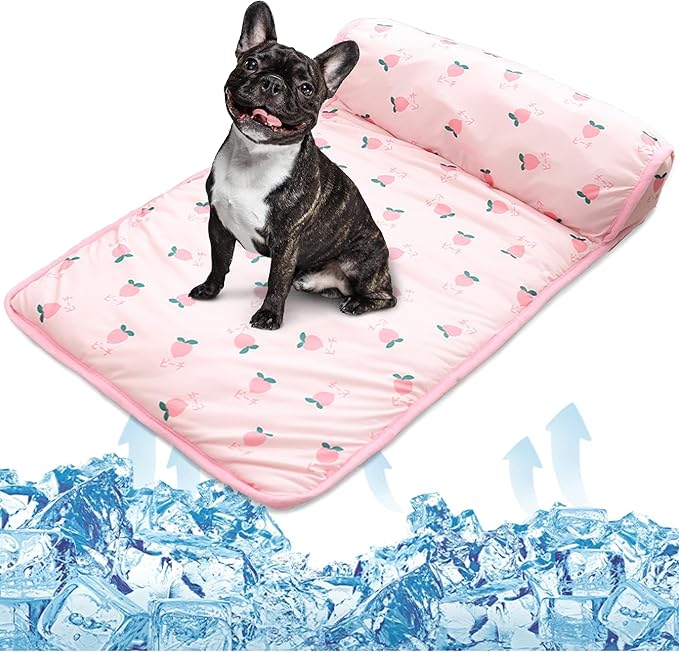 PUMYPOREITY Cooling Dog Bed, Pet Cooling Mat with Pillow, Ice Silk Cooling Dog Blanket, Self Cooling Pad for Cat,Dog, Washable Summer Pet Mat for Kennel, Crates, Sofa, Floor, Pink, L